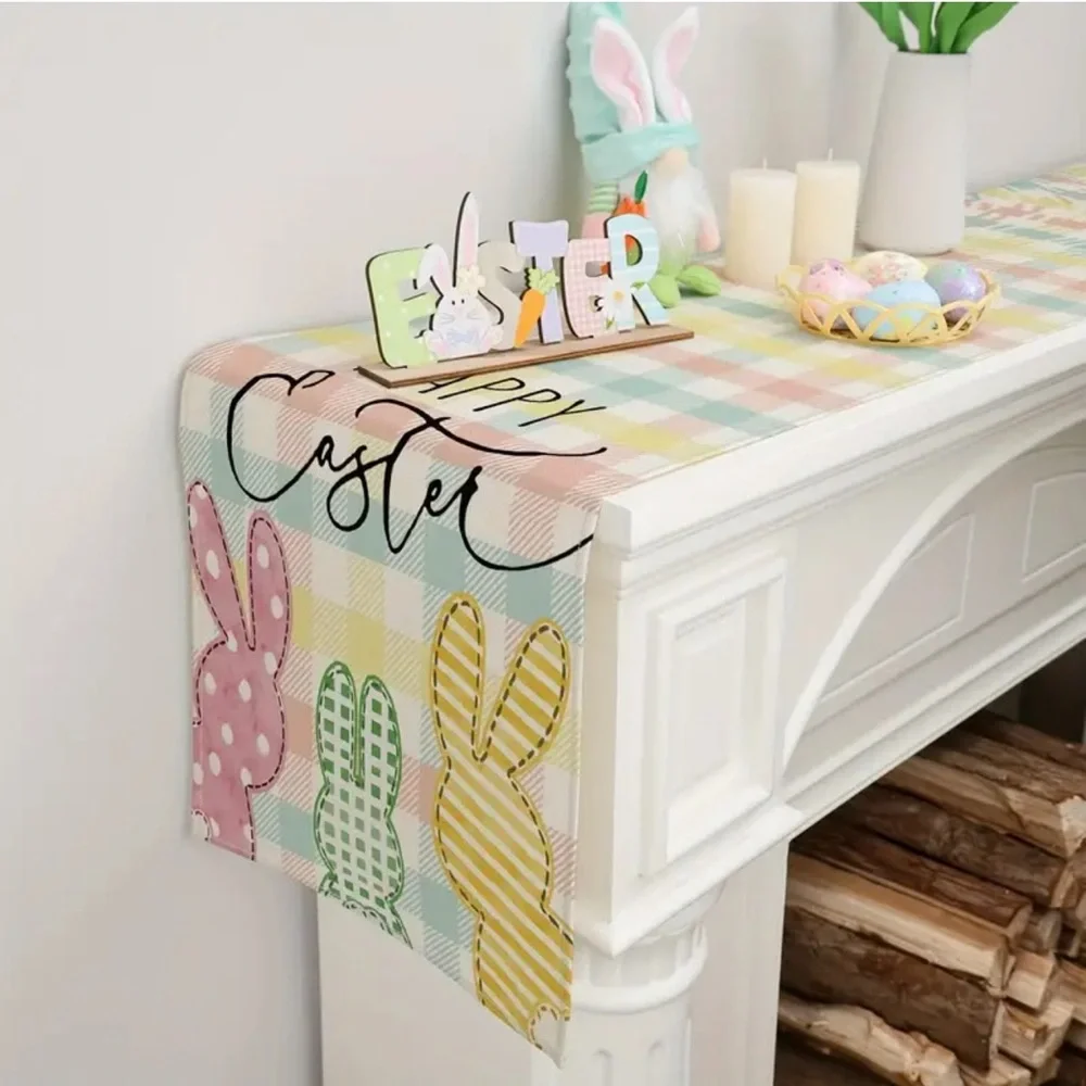 Happy Easter Patterned Bunnies Checkered Table Runner